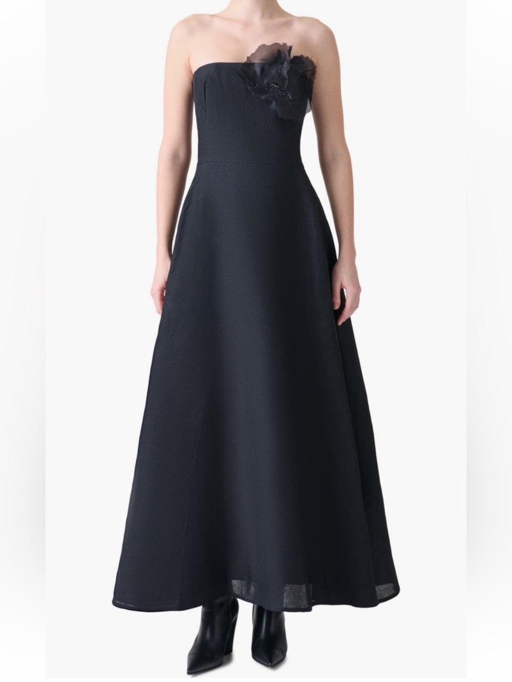 Akris Corsage Flower Strapless Silk Maxi Dress